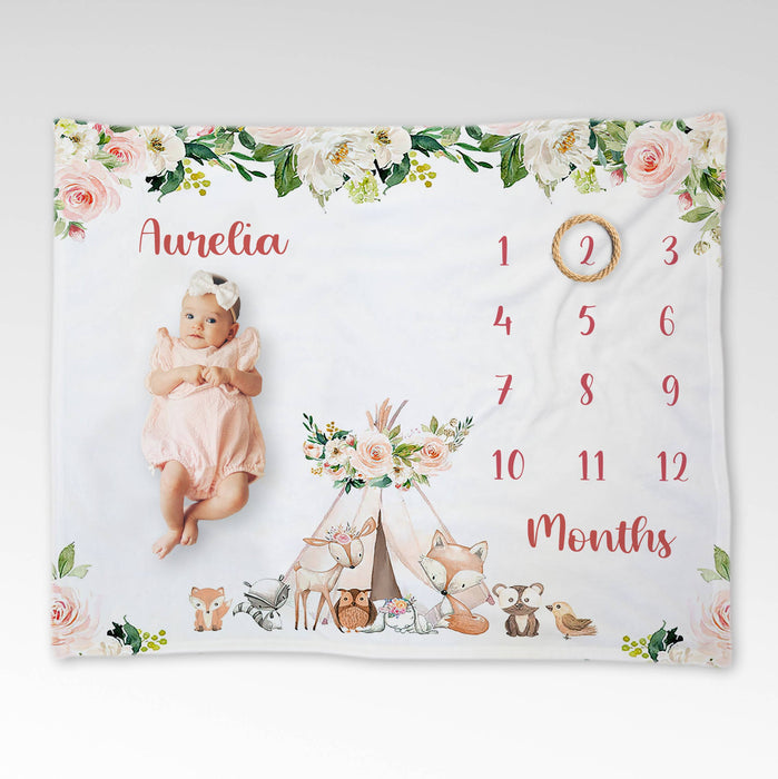 Custom Baby Monthly Milestone Blanket, Baby Calendar Blanket, Baby Shower Gifts, Birthday Gifts For Baby, Safari Blanket For Baby