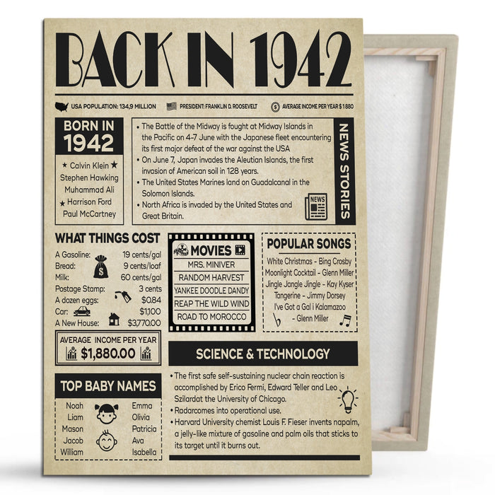 Back In 1942 Poster Canvas, 80th Birthday Wall Art Hanging Gifts For Women, Birthday Gifts For Women, 80th Birthday Gifts, 80th Birthday, 80th Birthday Decorations For Women