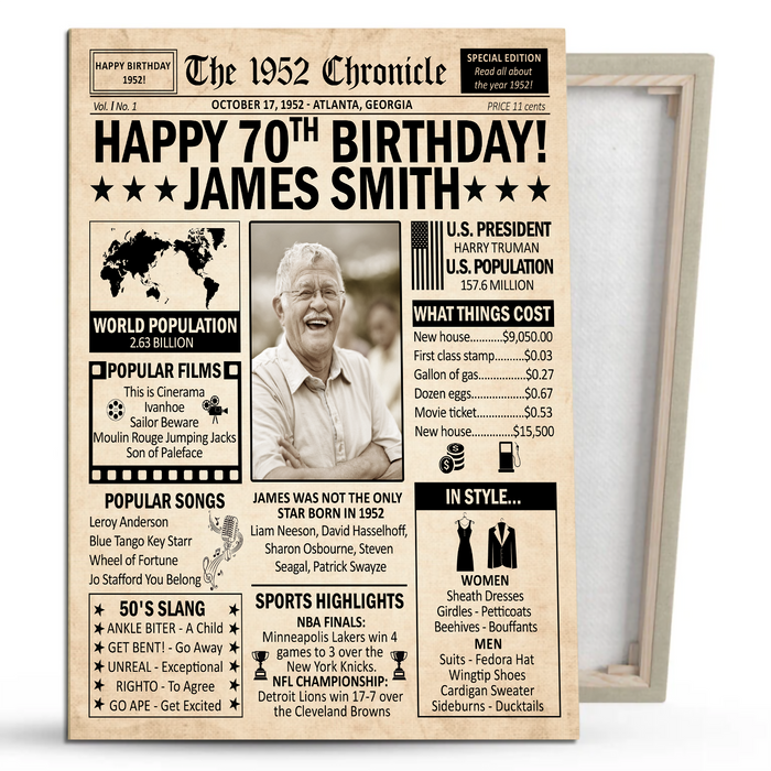 Custom 70th Birthday Poster For Women For Men, 70 Years Ago Back In 1952 Poster, Birthday Decorations