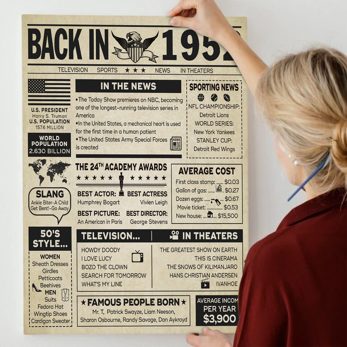 Back In 1952 Birthday Poster Canvas, 70th Birthday Gifts For Women For Men, 70th Birthday Decorations, Happy 70th Birthday Gifts For Mom Dad Wife Husband