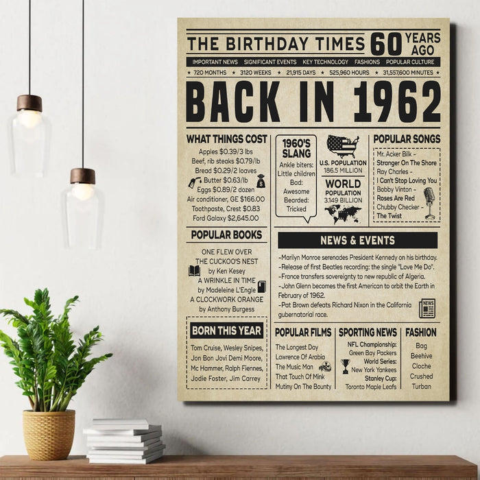 Back In 1962 Poster Canvas, Birthday Gifts For Women, 60th Birthday Gifts For Women For Men, Birthday Gifts For Mom For Dad