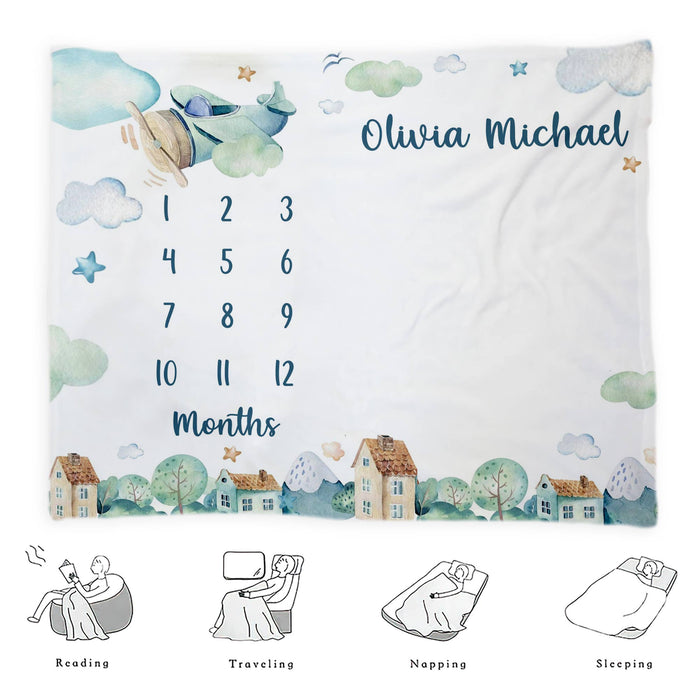 Personalized Baby Monthly Milestone Blanket, Airplanes Clouds Blanket For Newborn, Gifts For New Mom, Birthday Gifts For Baby Boy Girl