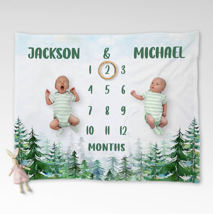 Custom Twins Baby Month Blanket, Pine Forest Blanket For Newborn, Gifts For New Mom