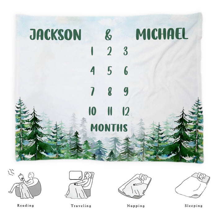 Custom Twins Baby Month Blanket, Pine Forest Blanket For Newborn, Gifts For New Mom