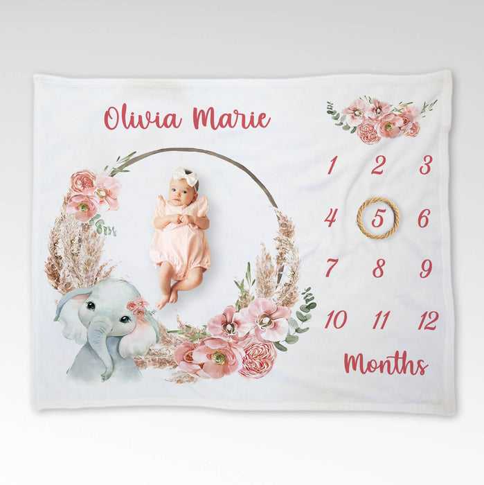 Personalized Baby Monthly Milestone Blanket, Custom Flower Wreath With Elephant Blanket For Newborn, Gifts For New Mom
