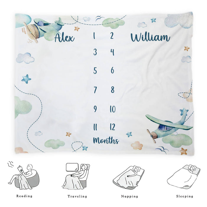 Custom Twins Baby Month Blanket, Airplanes Clouds Blanket For Newborn, Gifts For New Mom