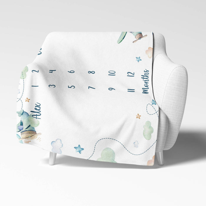 Custom Twins Baby Month Blanket, Airplanes Clouds Blanket For Newborn, Gifts For New Mom