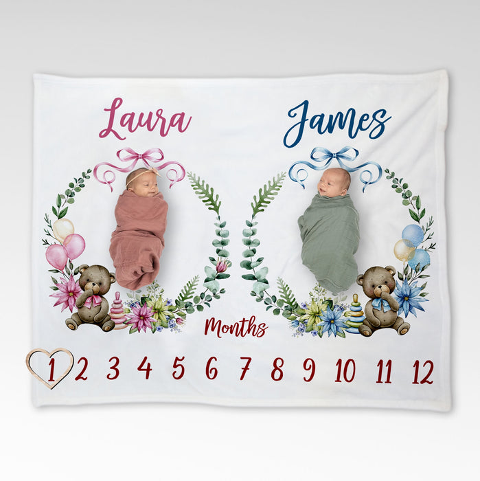 Twins Milestone Blanket Floral Frame With Teddy Bear, Baby Calendar Blanket, Monthly Baby Blanket, Blanket Newborn Baby Shower Gift