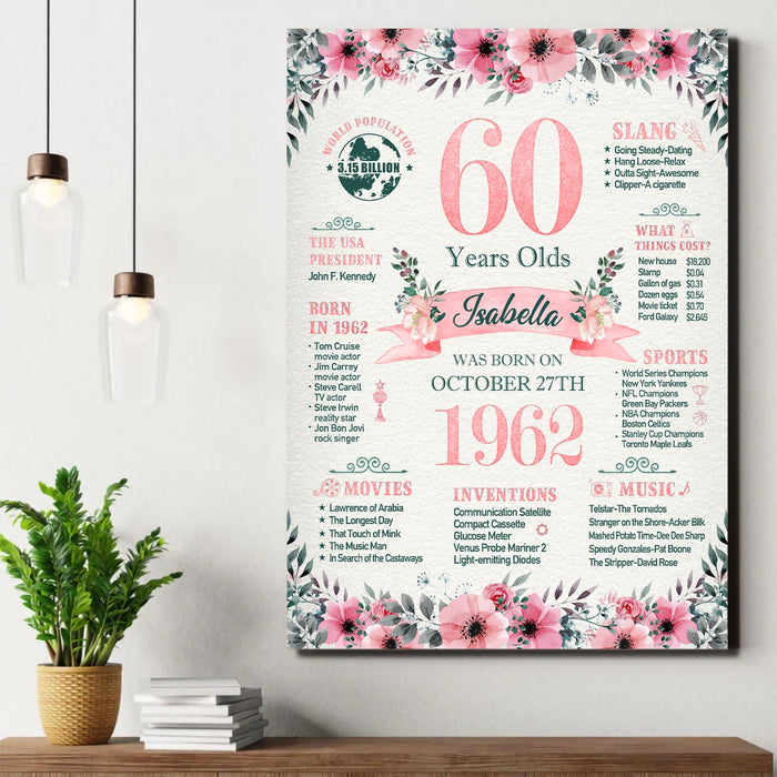 Personalized 60 Years Old Birthday Poster Canvas, Back In 1962, 60th Birthday Decorations For Women, Custom Birthday Gifts, 60th Birthday Celebration