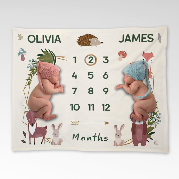 Custom Baby Twin Milestone Blanket, Woodland Baby Twin Milestone Blanket, Baby Age Blanket, Baby Birthday Blanket, Birthday Gifts For Twins, Baby Calendar Blanket