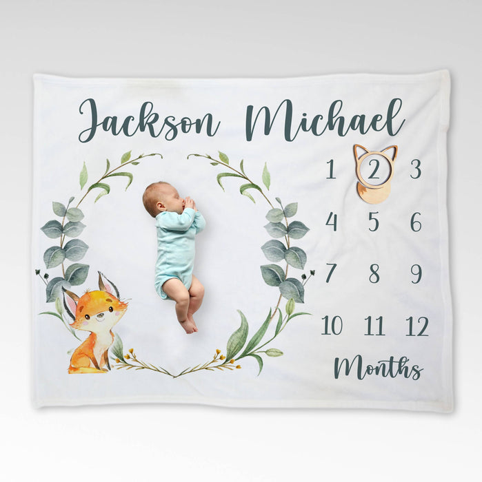 Personalized Baby Monthly Milestone Blanket, Custom Leaves Wreath With Fox Blanket For Newborn, Gifts For New Mom