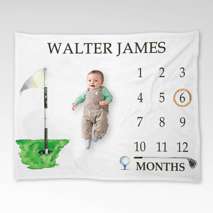 Personalized Baby Monthly Milestone Blanket, Golf Blanket For Newborn, Baby Sports Nursery Blanket, Gifts For New Mom