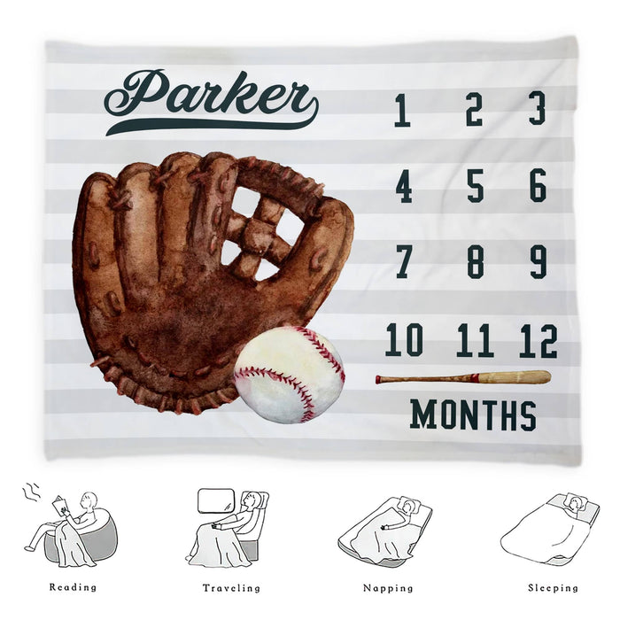 Personalized Baby Monthly Milestone Blanket, Gifts For New Mom, Baseball Blanket For Newborn