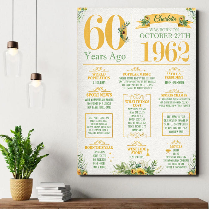 Personalized 60 Years Ago 1962 Birthday Poster Canvas, Birthday Milestone, 60th Birthday Decorations For Women, Women Gifts For Birthday, Gifts For Her For Mom, Back In 1962