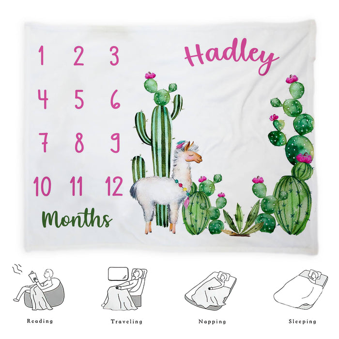 Personalized Baby Monthly Milestone Blanket, Custom Cactus With Llama Blanket For Newborn, Gifts For New Mom