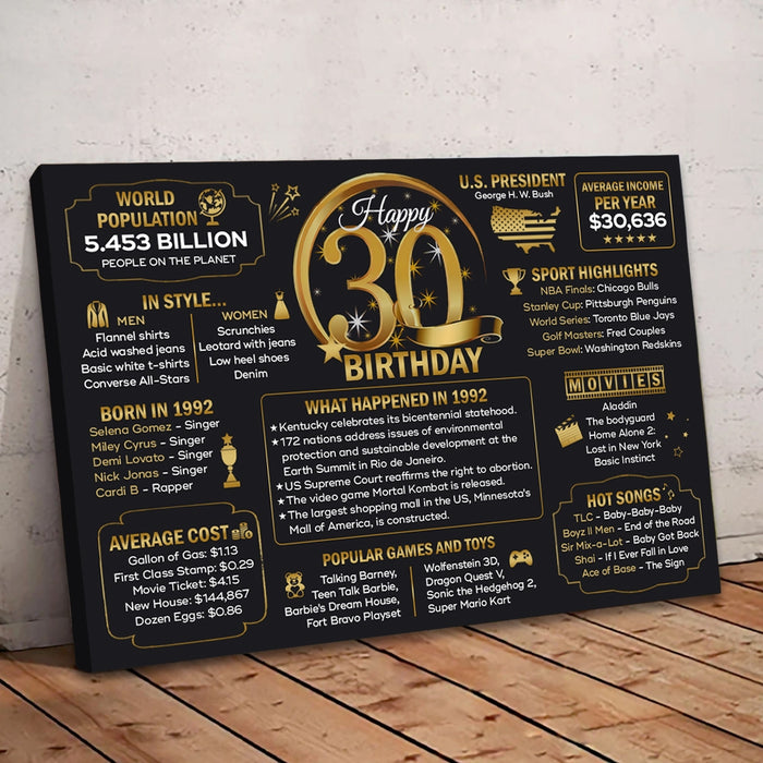 30 Years Ago Back In 1992 Poster Canvas, Milestone Birthday Poster, 30th Birthday Gifts For Men Women, Birthday Poster For Men Woman, Birthday Poster Canvas