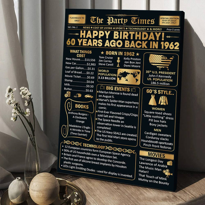 Back In 1962 Poster Canvas Decor Black And Gold, 60th Birthday Milestone Gifts For Women, 60 Years Ago 60th Birthday Decoration Women For Men