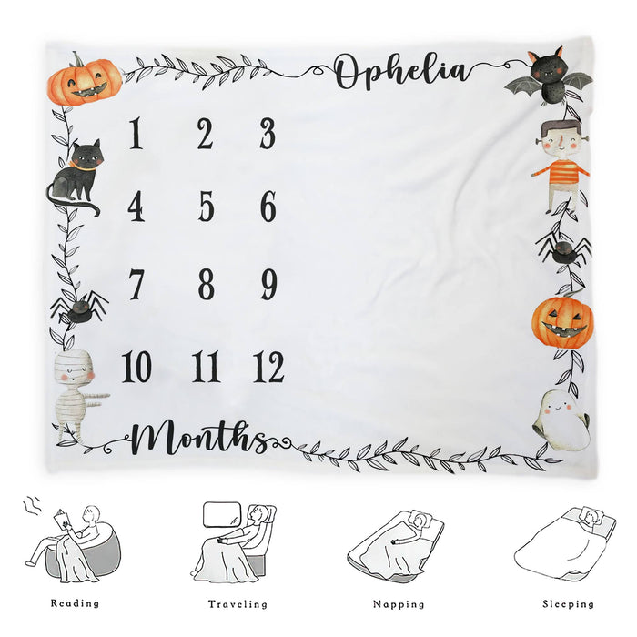 Personalized Baby Monthly Milestone Blanket, Halloween Leaves Wreath Blanket For Newborn,Halloween Milestone Gifts, Gifts For New Mom