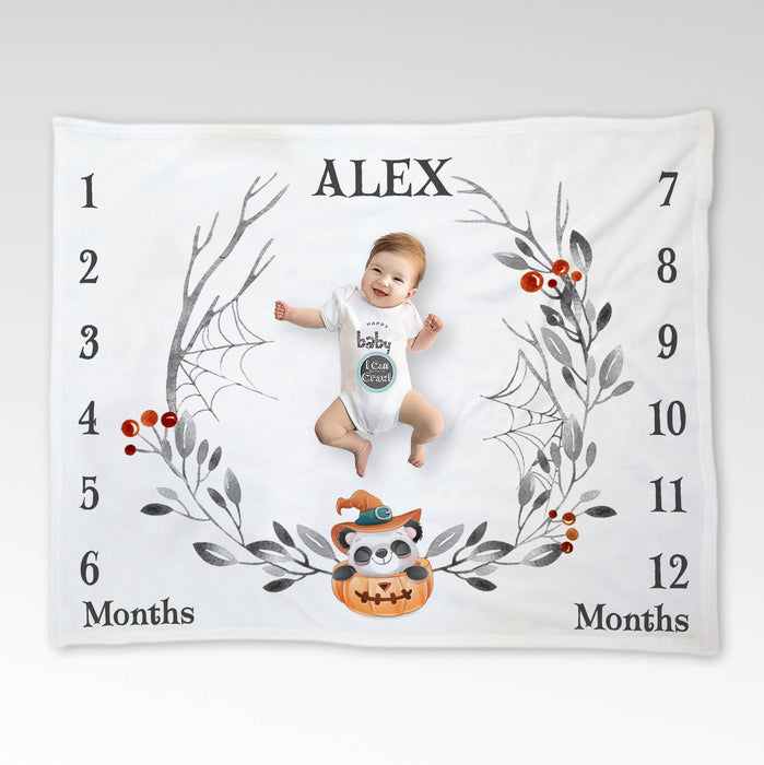 Personalized Baby Monthly Milestone Blanket, Halloween Pumpkin With Panda Blanket For Newborn,Halloween Milestone Gifts, Gifts For New Mom