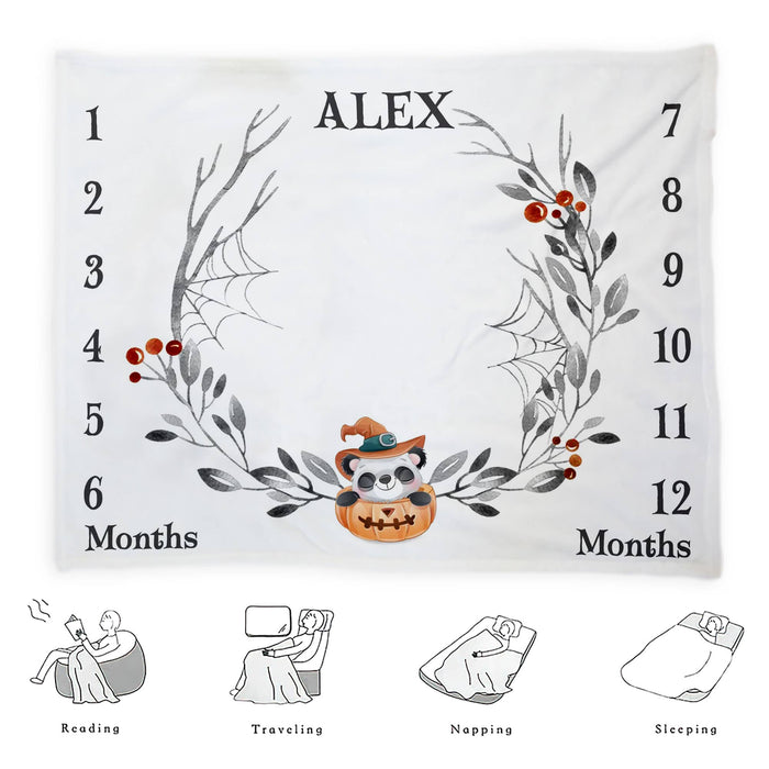 Personalized Baby Monthly Milestone Blanket, Halloween Pumpkin With Panda Blanket For Newborn,Halloween Milestone Gifts, Gifts For New Mom