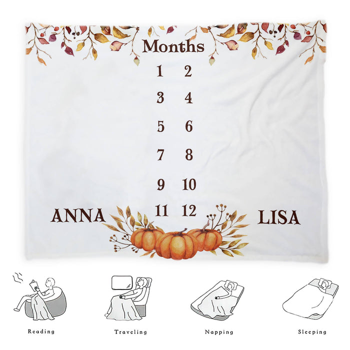 Custom Twins Baby Monthly Milestone Blanket, Halloween Leaves With Pumpkin Blanket For Newborn, Gifts For New Mom