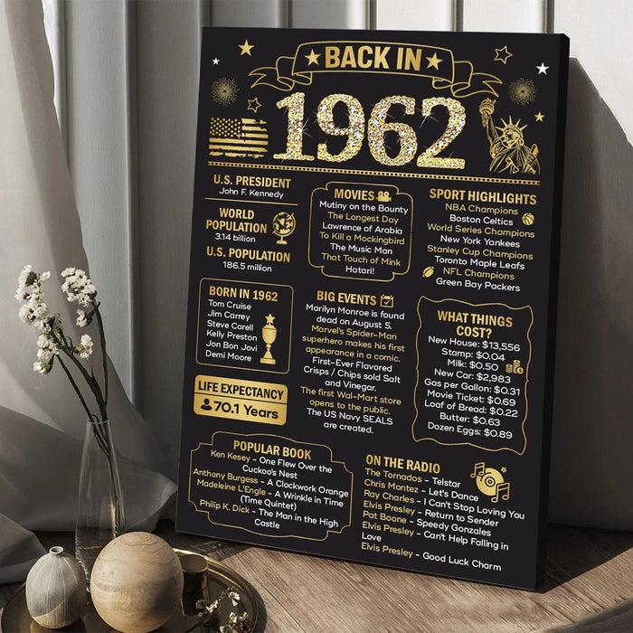 Back In 1962 60th Birthday Poster Canvas, 60th Birthday Black Gold Party Decorations, 60th Birthday Milestone Gifts For Women Men