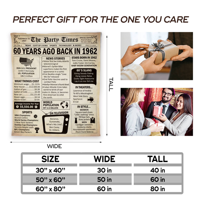 Back In 1962 Newspaper Blanket, 60th Birthday Gifts For Women For Men, 60th Birthday Decorations, 60 Years Ago Back In 1962 Blanket