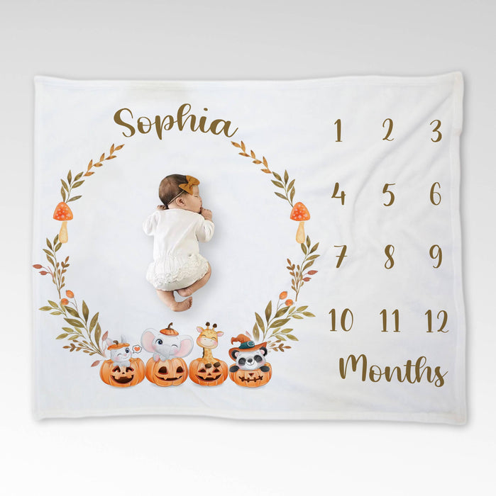 Personalized Baby Monthly Milestone Blanket, Halloween Leaves Wreath With Animals Blanket For Newborn, Halloween Milestone Gifts, Gifts For New Mom
