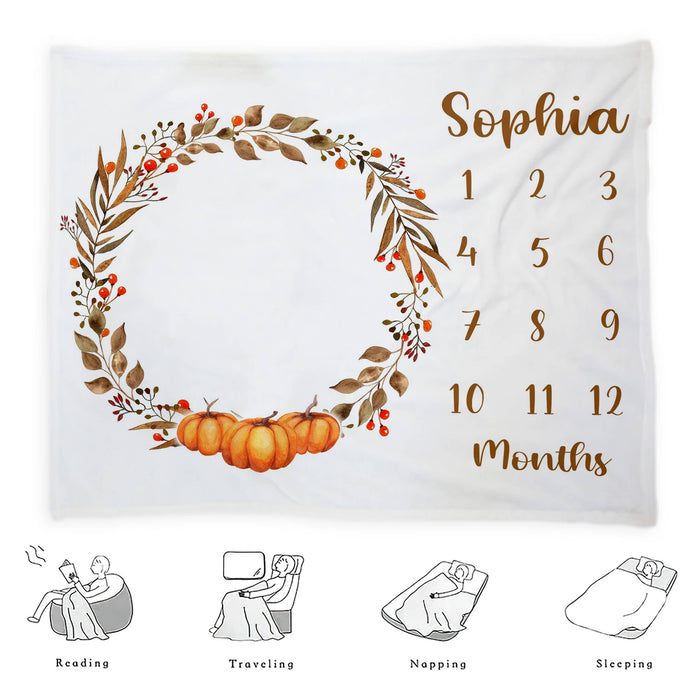 Personalized Baby Monthly Milestone Blanket, Halloween Pumpkin Leaves Wreath Blanket For Newborn, Halloween Milestone Gifts, Gifts For New Mom