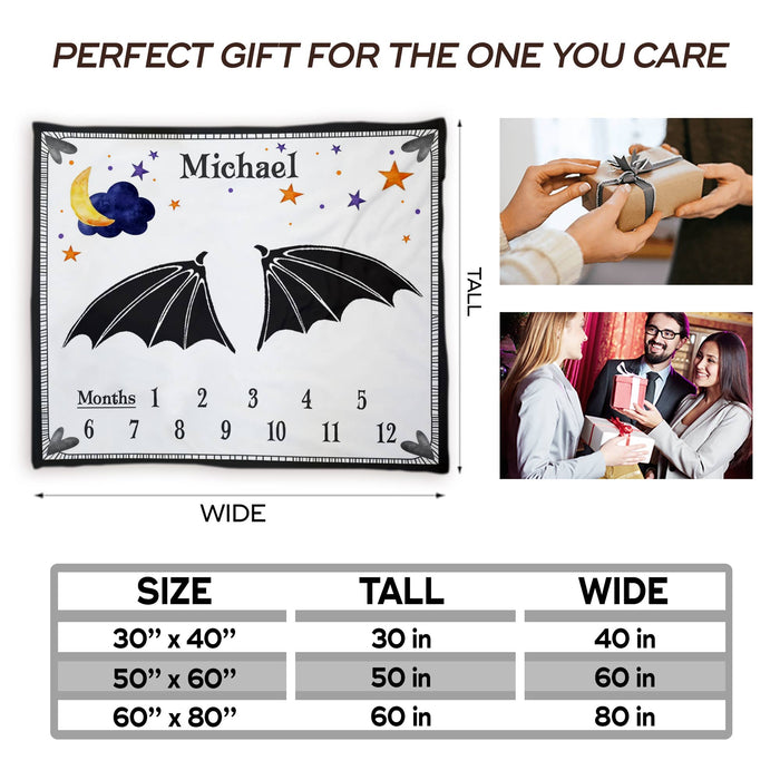Personalized Baby Monthly Milestone Blanket, Bat Wings Halloween Blanket For Newborn, Gifts For New Mom