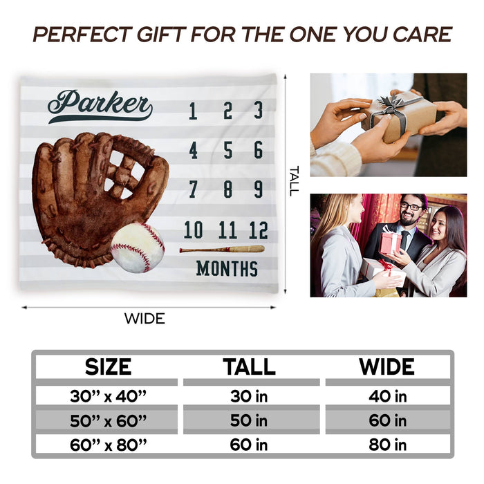 Personalized Baby Monthly Milestone Blanket, Gifts For New Mom, Baseball Blanket For Newborn