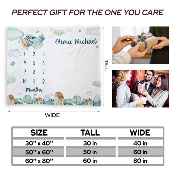 Personalized Baby Monthly Milestone Blanket, Airplanes Clouds Blanket For Newborn, Gifts For New Mom, Birthday Gifts For Baby Boy Girl