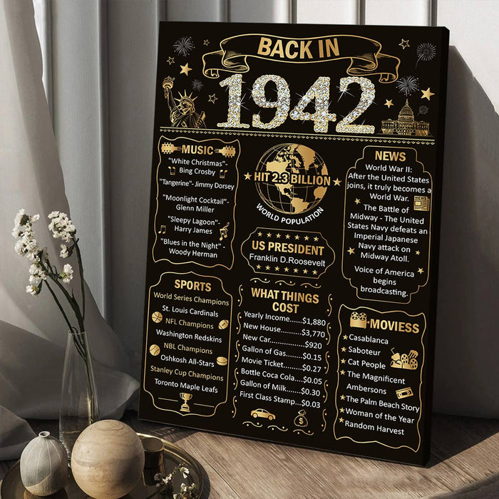 Back Gold Back In 1942 Birthday Poster Canvas, 80th Birthday Gifts For Women, 80 Year Old Birthday Milestone Gifts