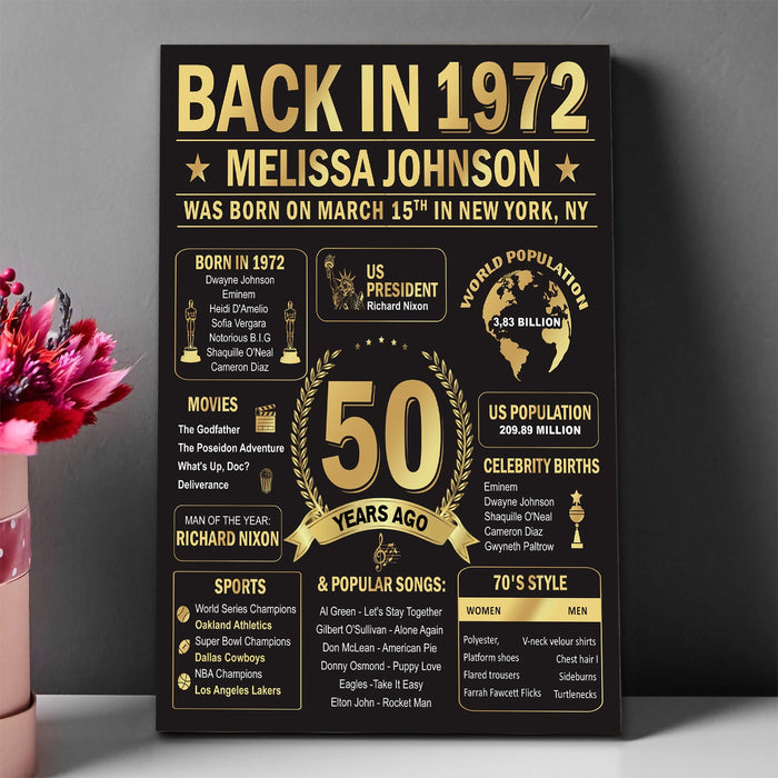 Personalized Back In 1972 Birthday Poster Canvas Decorations, 50th Birthday Gifts For Women For Men