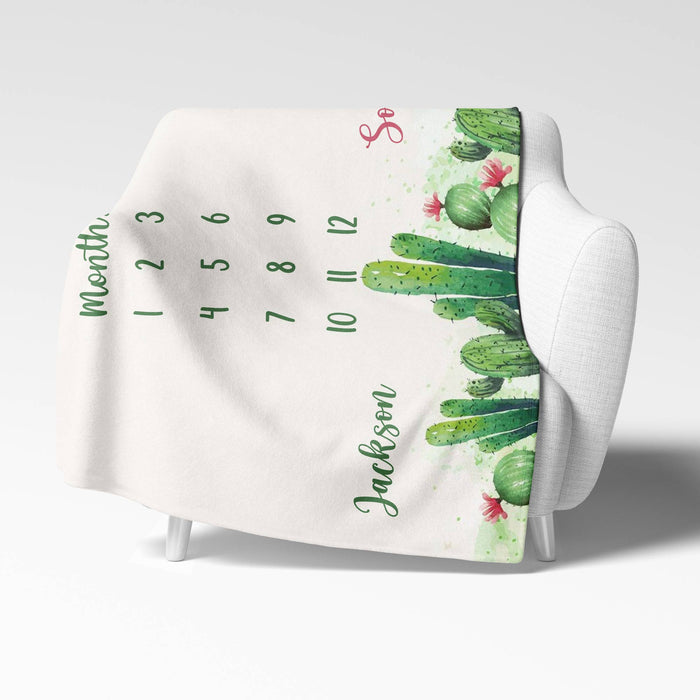 Custom Twins Baby Monthly Milestone Blanket, Cactus Blanket For Newborn, Gifts For New Mom