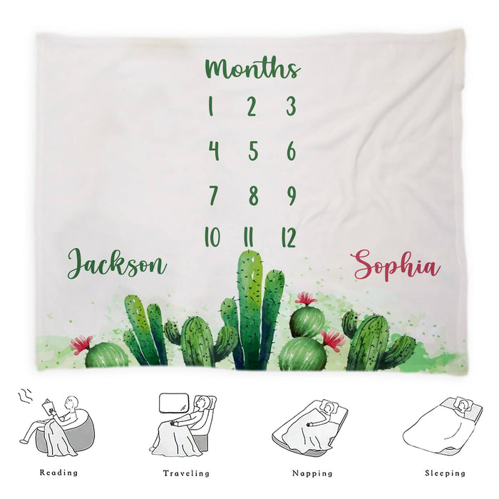 Custom Twins Baby Monthly Milestone Blanket, Cactus Blanket For Newborn, Gifts For New Mom