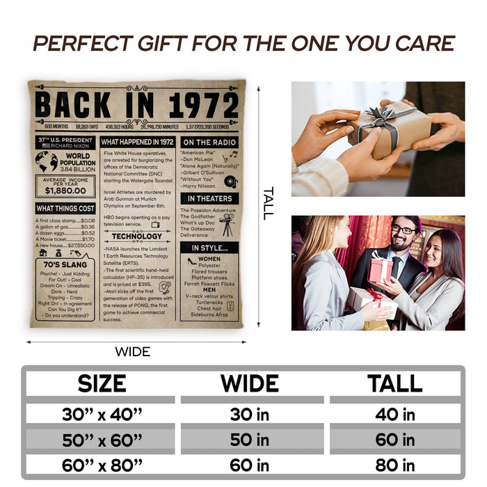 Back In 1972 Birthday Blanket Decorations, Born In 1972, 50 Years Old, 50th Birthday Gifts For Women For Men