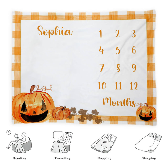 Personalized Baby Monthly Milestone Blanket, Halloween Pumpkin With Tartan Pattern  Blanket For Newborn, Gifts For New Mom