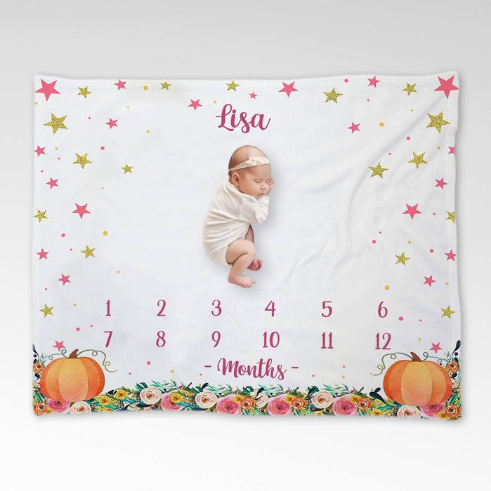 Personalized Baby Monthly Milestone Blanket, Floral Halloween Blanket For Newborn, Gifts For New Mom