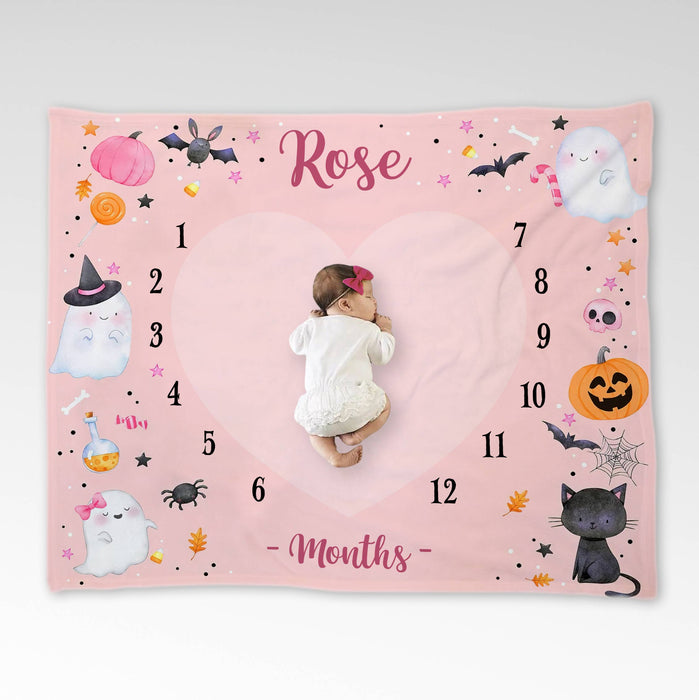 Personalized Baby Monthly Milestone Blanket, Halloween Blanket For Newborn, Gifts For New Mom, Baby Calendar Blanket