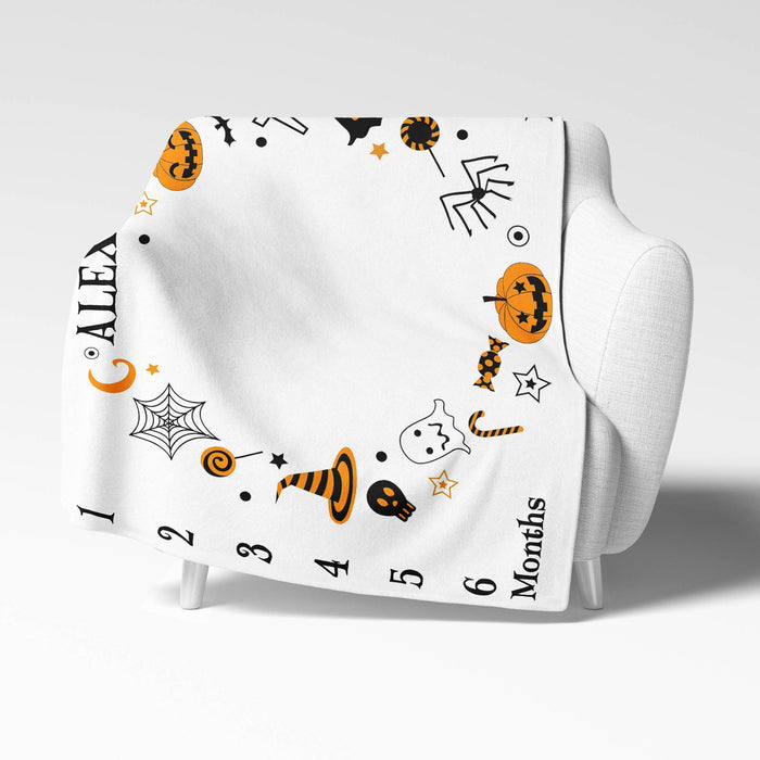 Personalized Baby Monthly Milestone Blanket, Halloween Blanket For Newborn, Gifts For New Mom