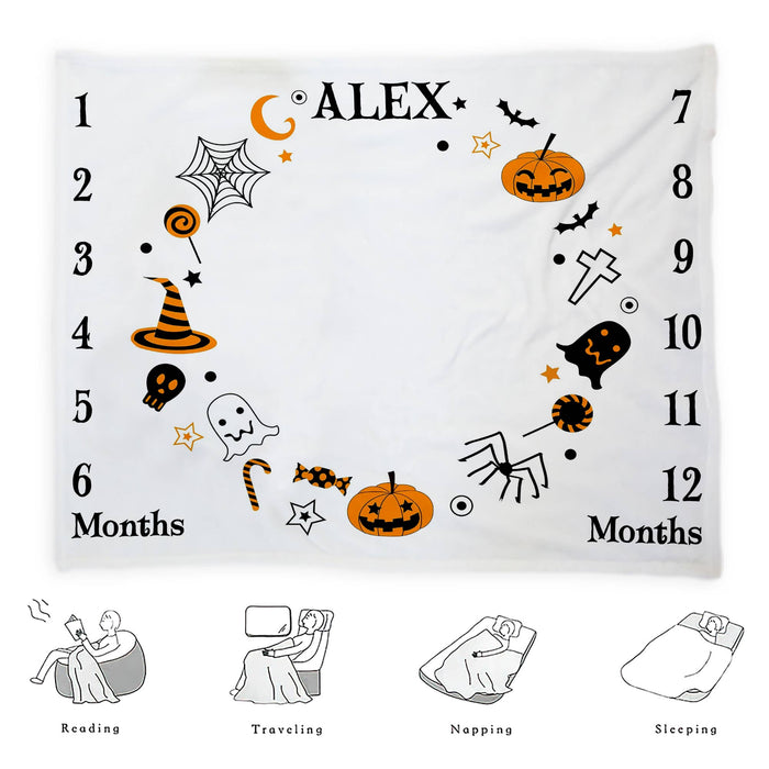 Personalized Baby Monthly Milestone Blanket, Halloween Blanket For Newborn, Gifts For New Mom