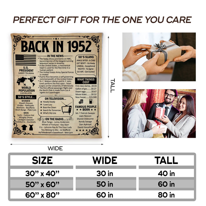Back In 1952 Birthday Blanket, 70th Birthday Decorations, 70th Birthday Gifts For Women For Men