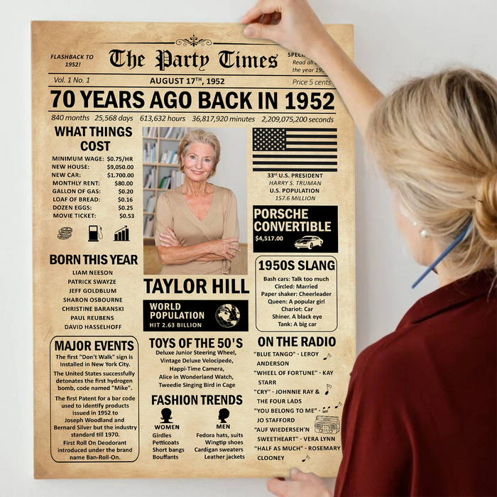 Custom 70 Years Ago Back In 1952 Poster Canvas, 70th Birthday Gifts For Women For Men, 70th Birthday Decorations