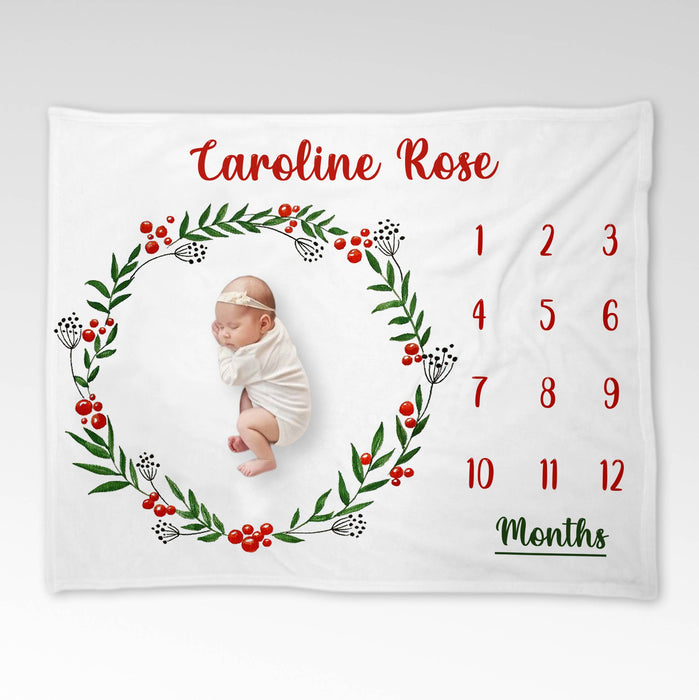 Personalized Baby Monthly Milestone Blanket, Christmas Leaf Wreath Blanket For Newborn, Gifts For New Mom
