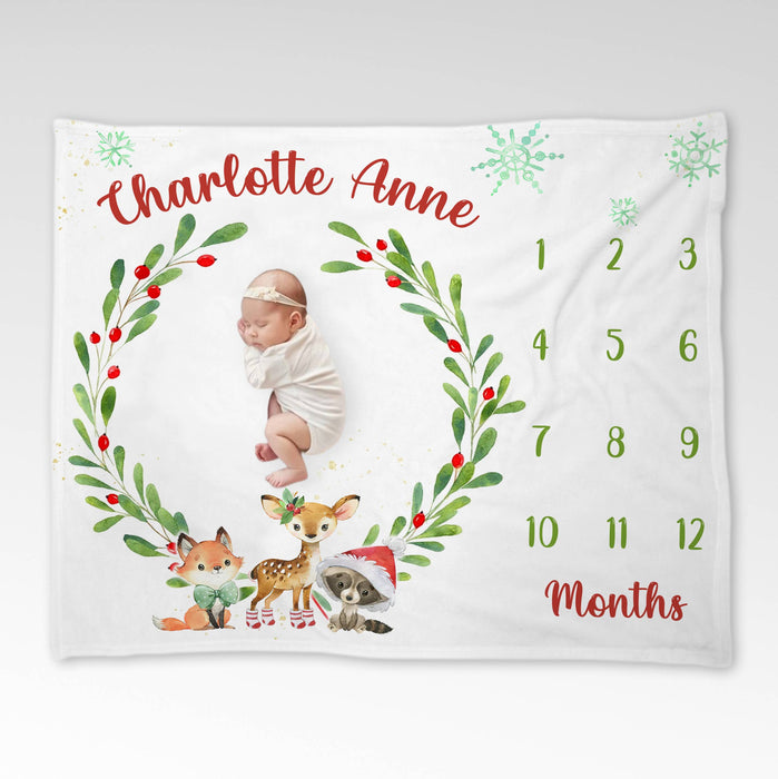 Personalized Baby Monthly Milestone Blanket, Christmas Leaf Wreath With Animals Blanket For Newborn, Gifts For New Mom