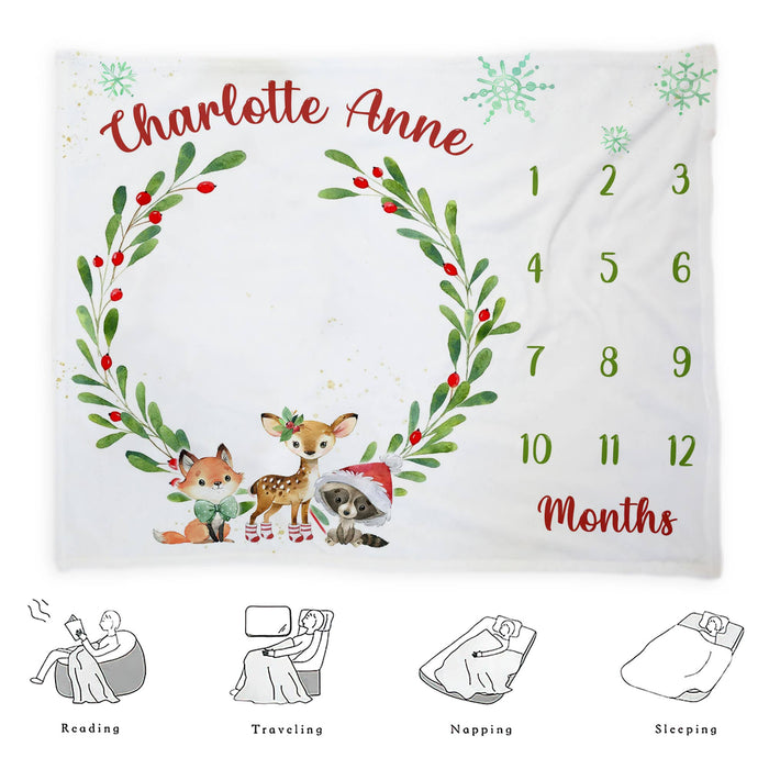 Personalized Baby Monthly Milestone Blanket, Christmas Leaf Wreath With Animals Blanket For Newborn, Gifts For New Mom