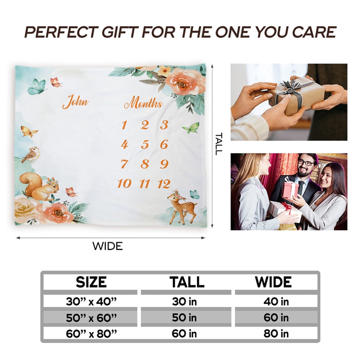 Custom Baby Milestone Monthly Blanket, Happy Forest With Animals Birthday Decorations Gifts For Baby, Birthday Gifts For New Mom New Dad, Baby Calendar Blanket Gifts