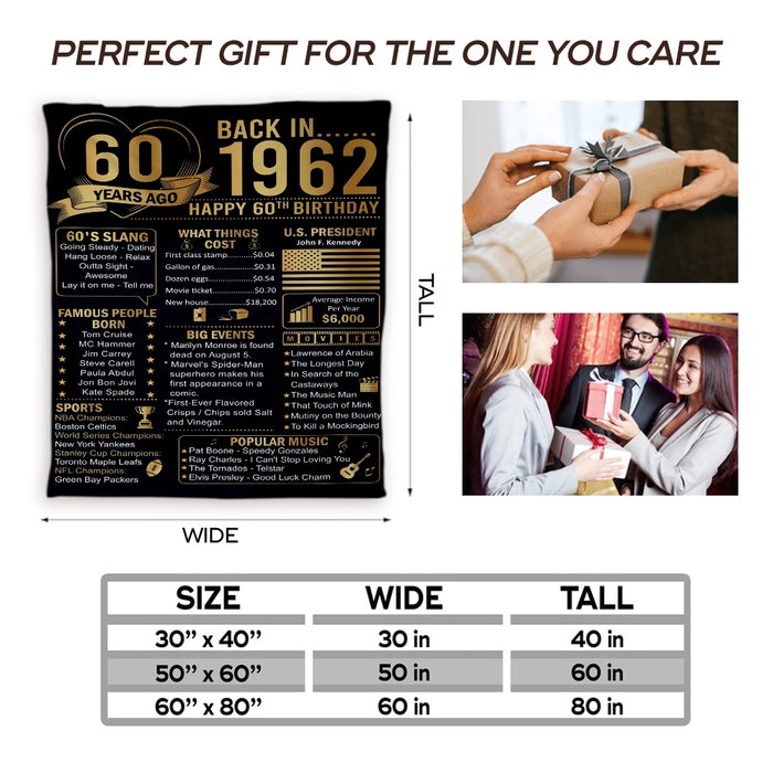 60 Years Ago Back In 1962 60th Birthday Blanket, 60th Birthday Gifts For Women Men, 60th Birthday Decorations Women For Men For Wife For Husband