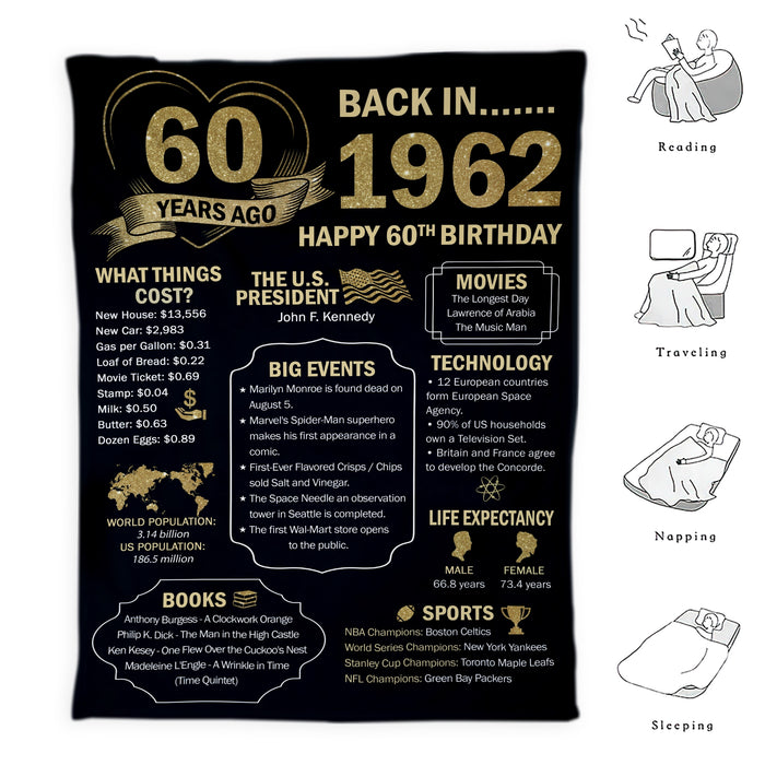 60 Years Ago Back In 1962 Blanket, 60th Birthday Gifts For Women Men, Milestone Birthday Blanket